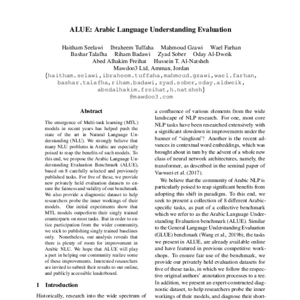 ALUE: Arabic Language Understanding Evaluation - ACL Anthology