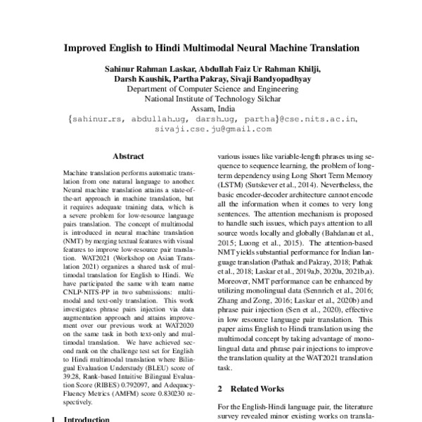 Improved English to Hindi Multimodal Neural Machine Translation - ACL ...