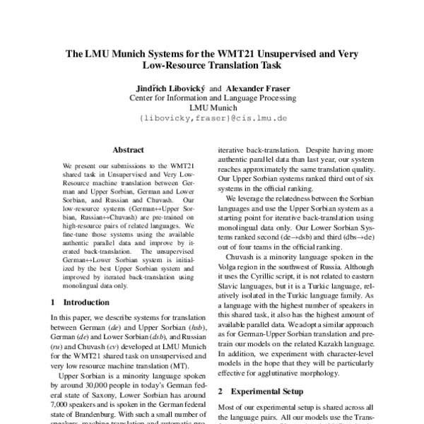 The LMU Munich Systems for the WMT21 Unsupervised and Very Low-Resource ...