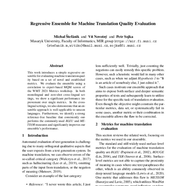 Regressive Ensemble for Machine Translation Quality Evaluation - ACL ...