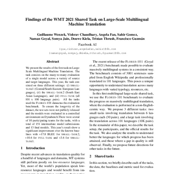 Findings of the WMT 2021 Shared Task on Large-Scale Multilingual ...