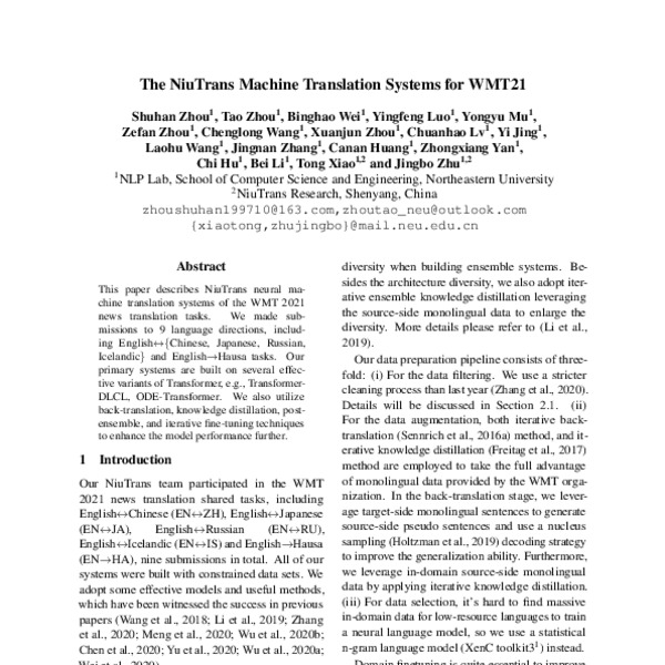 The NiuTrans Machine Translation Systems for WMT21 - ACL Anthology