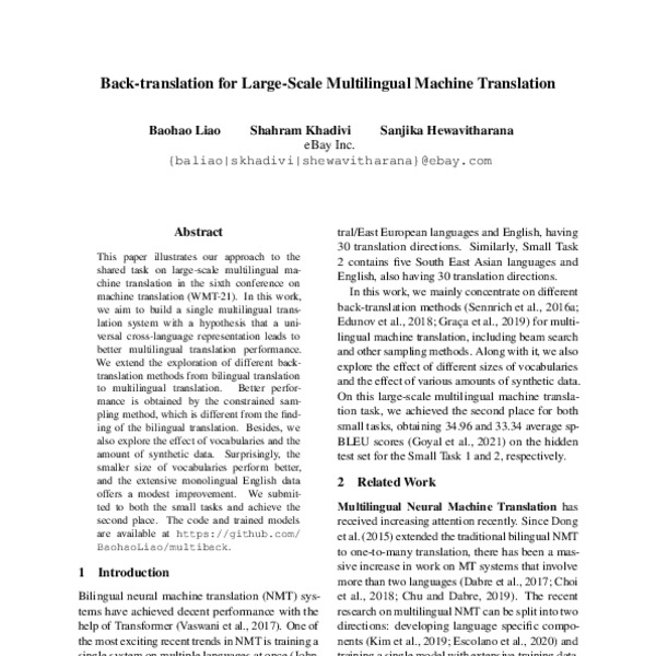 Back-translation for Large-Scale Multilingual Machine Translation - ACL ...