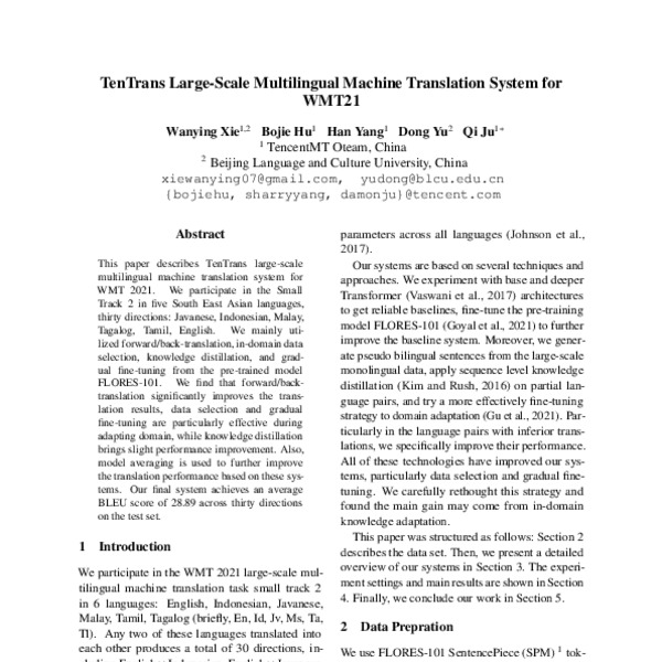 TenTrans Large-Scale Multilingual Machine Translation System for WMT21 ...