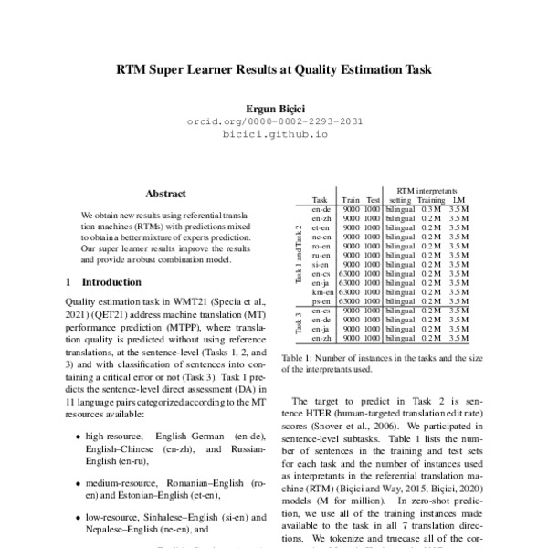 RTM Super Learner Results at Quality Estimation Task - ACL Anthology