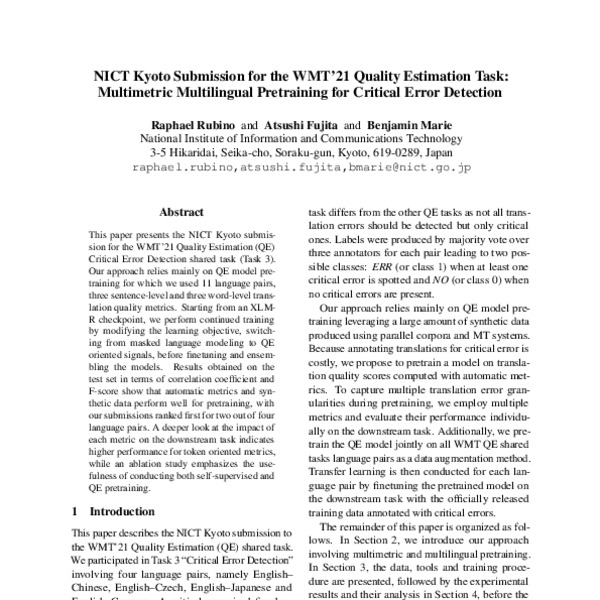 NICT Kyoto Submission for the WMT’21 Quality Estimation Task ...