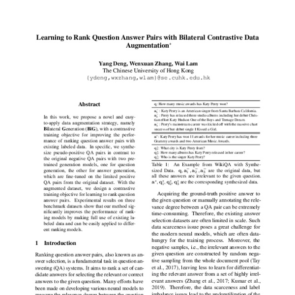 Learning to Rank Question Answer Pairs with Bilateral Contrastive Data ...