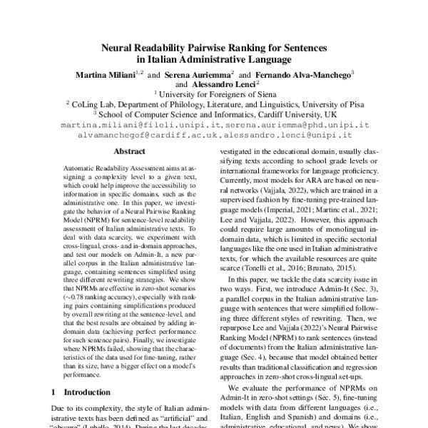 Neural Readability Pairwise Ranking for Sentences in Italian ...