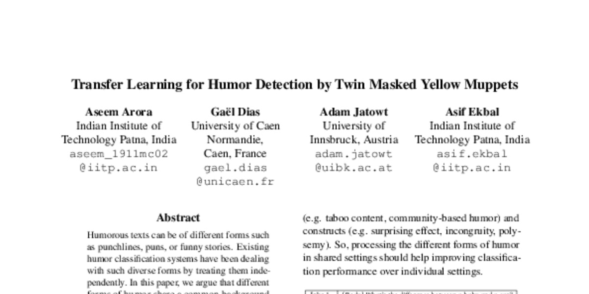Transfer Learning for Humor Detection by Twin Masked Yellow Muppets - ACL  Anthology