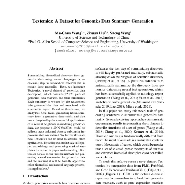 Textomics: A Dataset for Genomics Data Summary Generation - ACL Anthology