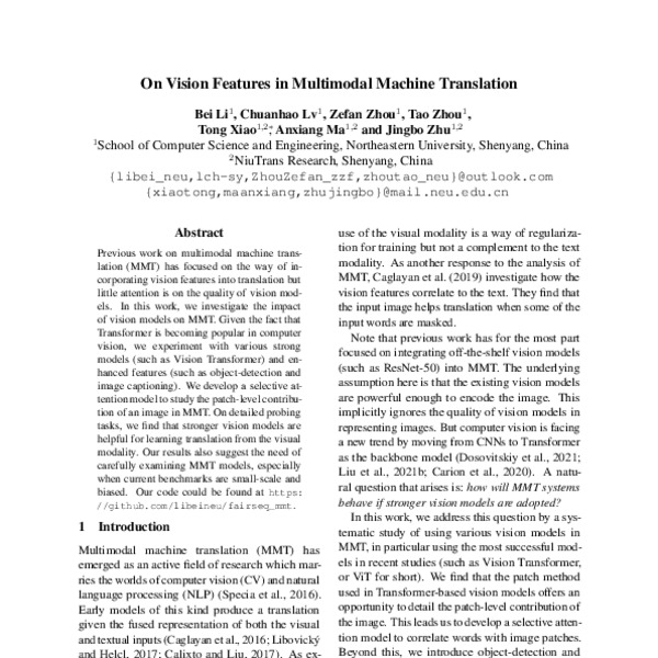On Vision Features in Multimodal Machine Translation - ACL Anthology