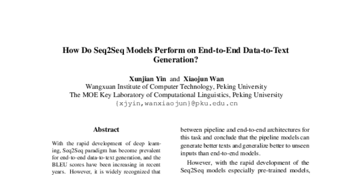 How Do Seq2Seq Models Perform on End-to-End Data-to-Text Generation ...