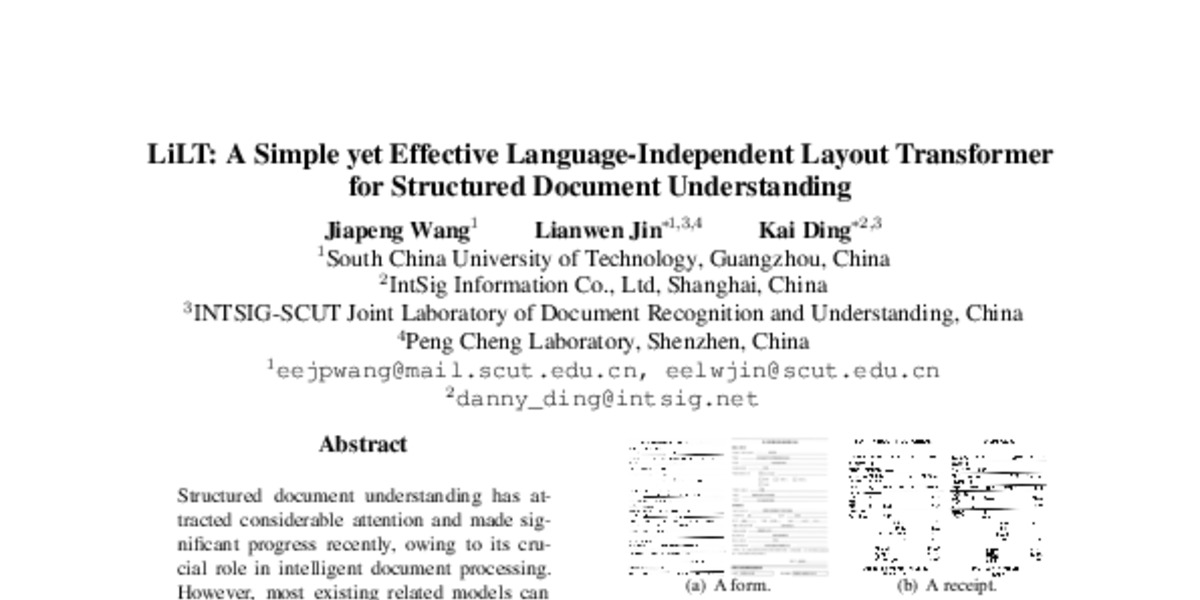 LiLT: A Simple yet Effective Language-Independent Layout Transformer ...
