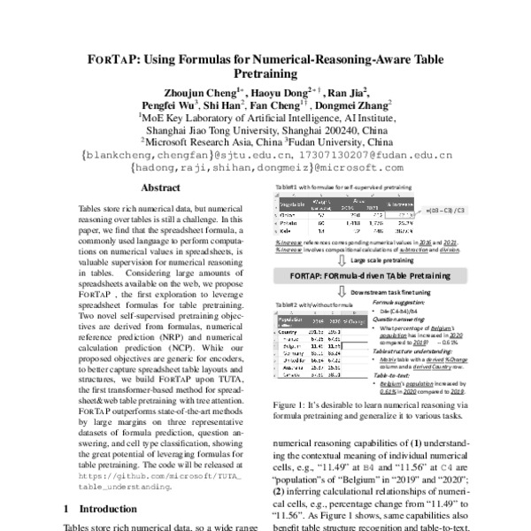 FORTAP: Using Formulas for Numerical-Reasoning-Aware Table Pretraining ...