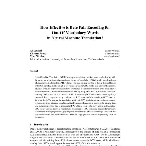 How Effective Is Byte Pair Encoding For Out Of Vocabulary Words In Neural Machine Translation