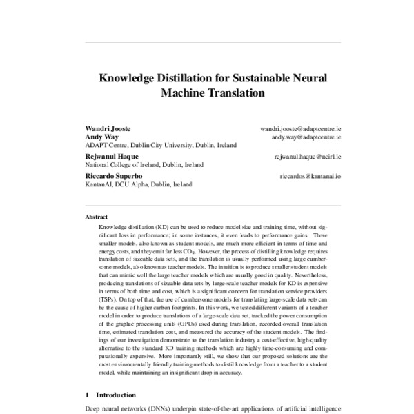 Knowledge Distillation for Sustainable Neural Machine Translation - ACL ...