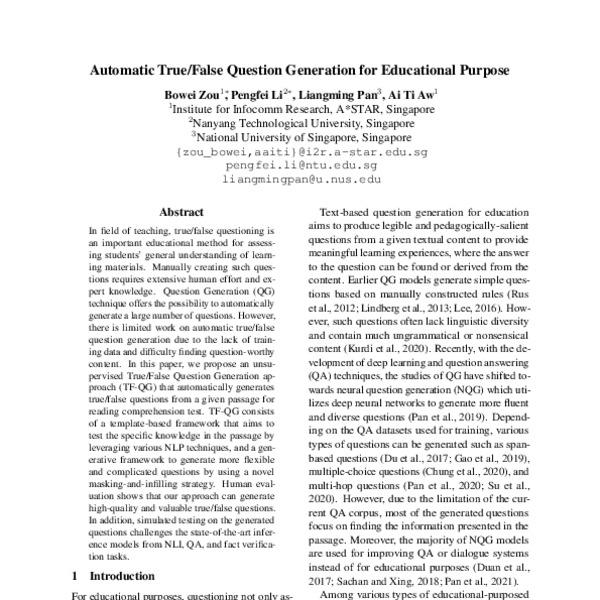 Automatic True/False Question Generation for Educational Purpose - ACL ...