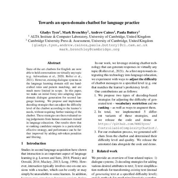 Towards an open-domain chatbot for language practice - ACL Anthology