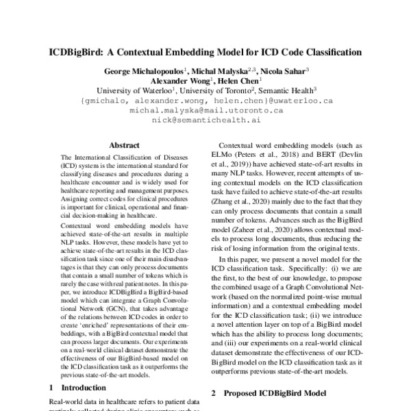 ICDBigBird: A Contextual Embedding Model for ICD Code Classification ...