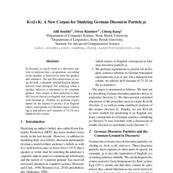 KOJAK: A New Corpus for Studying German Discourse Particle ja - ACL ...
