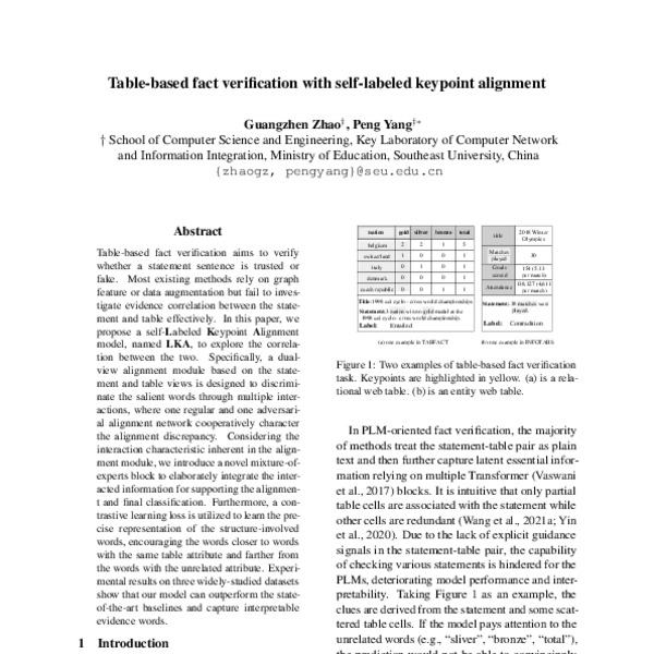 Tablebased Fact Verification with Selflabeled Keypoint Alignment