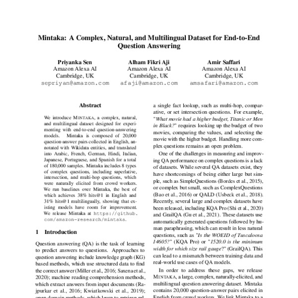 Mintaka: A Complex, Natural, and Multilingual Dataset for End-to-End ...