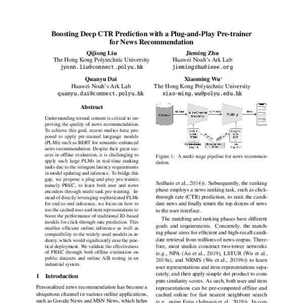 Boosting Deep CTR Prediction with a Plug-and-Play Pre-trainer for News ...