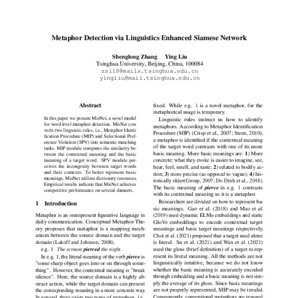 Metaphor Detection Via Linguistics Enhanced Siamese Network ACL Anthology