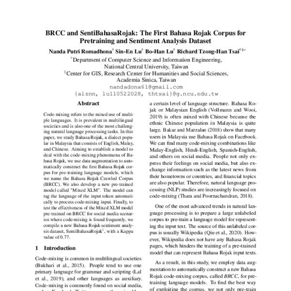 BRCC and SentiBahasaRojak: The First Bahasa Rojak Corpus for ...