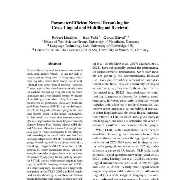 Parameter Efficient Neural Reranking For Cross Lingual And Multilingual