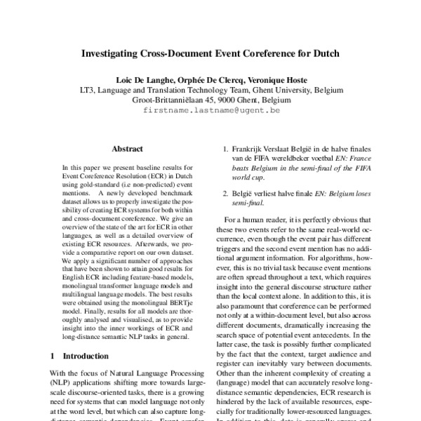 Investigating Cross-Document Event Coreference for Dutch - ACL Anthology