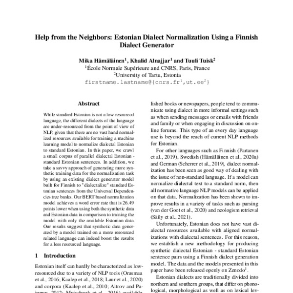 Help from the Neighbors: Estonian Dialect Normalization Using a Finnish ...