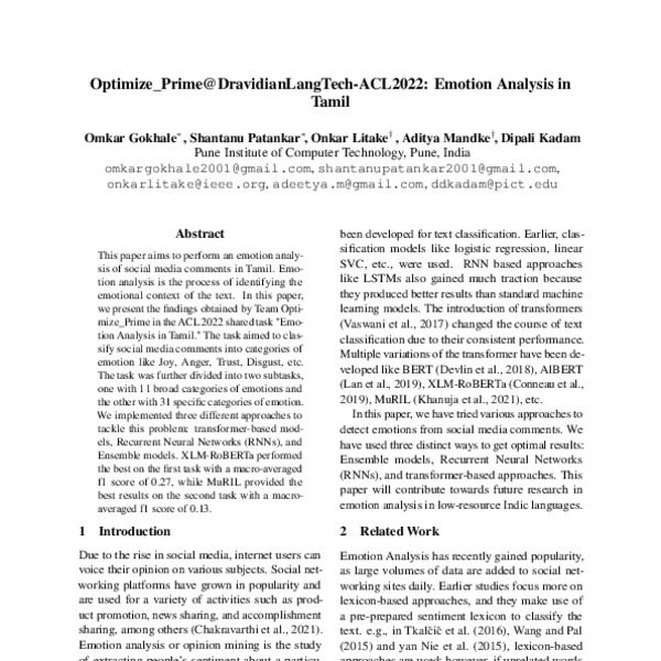 Optimize_Prime@DravidianLangTech-ACL2022: Emotion Analysis in Tamil ...