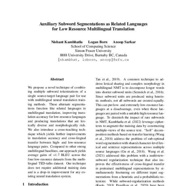 Auxiliary Subword Segmentations as Related Languages for Low Resource ...