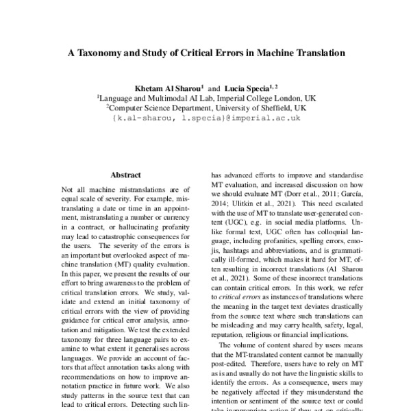 A Taxonomy and Study of Critical Errors in Machine Translation - ACL ...