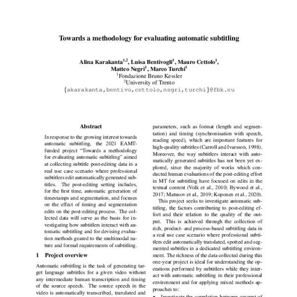 Towards a methodology for evaluating automatic subtitling - ACL Anthology