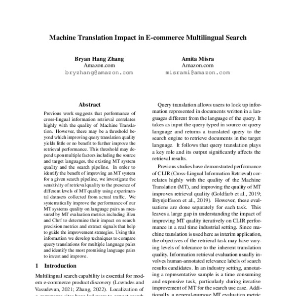 Machine translation impact in E-commerce multilingual search - ACL ...
