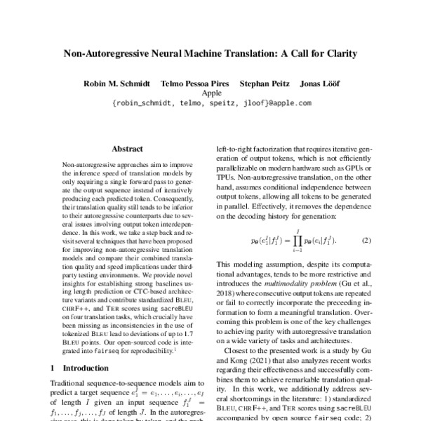 NonAutoregressive Neural Machine Translation A Call for Clarity ACL