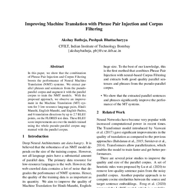 Improving Machine Translation with Phrase Pair Injection and Corpus