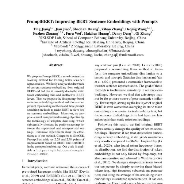 PromptBERT: Improving BERT Sentence Embeddings with Prompts - ACL Anthology