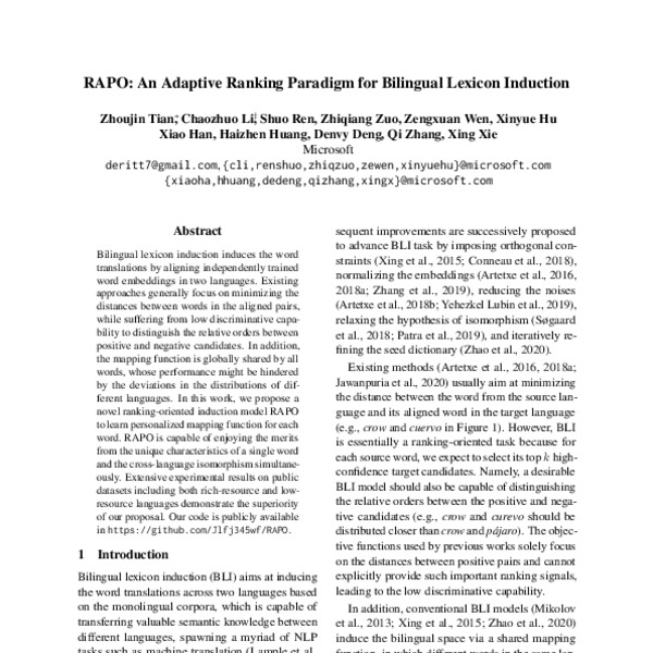 RAPO: An Adaptive Ranking Paradigm for Bilingual Lexicon Induction ...