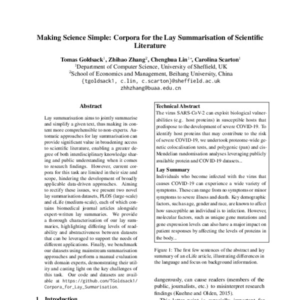 Making Science Simple: Corpora for the Lay Summarisation of Scientific ...