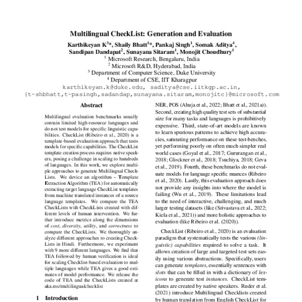 Multilingual CheckList: Generation and Evaluation - ACL Anthology