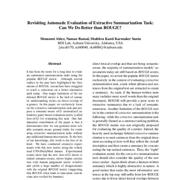 Revisiting Automatic Evaluation of Extractive Summarization Task: Can ...
