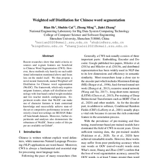 Weighted self Distillation for Chinese word segmentation - ACL Anthology