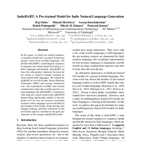 IndicBART: A Pre-trained Model for Indic Natural Language Generation ...