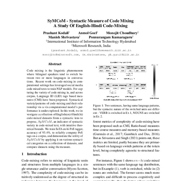 Syntactic Measure of Code Mixing A Study Of EnglishHindi Code