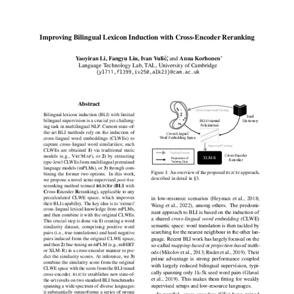 Improving Bilingual Lexicon Induction With Cross Encoder Reranking ACL Anthology