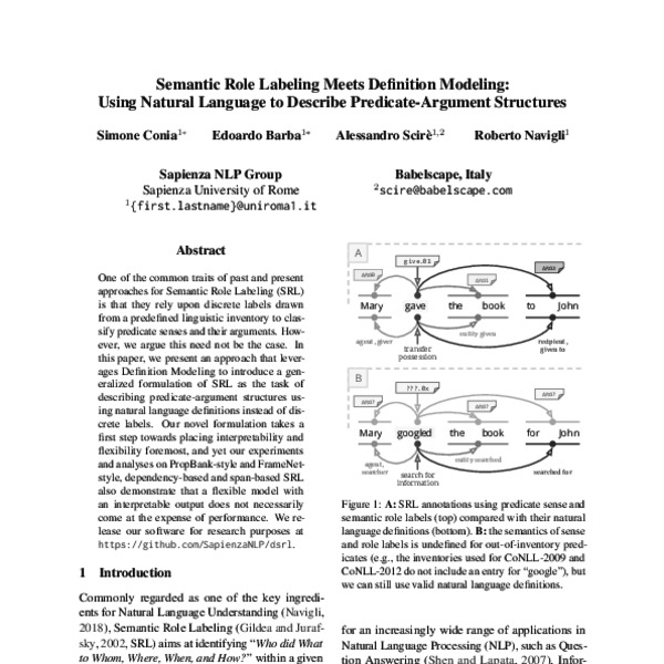 Semantic Role Labeling Meets Definition Modeling Using Natural