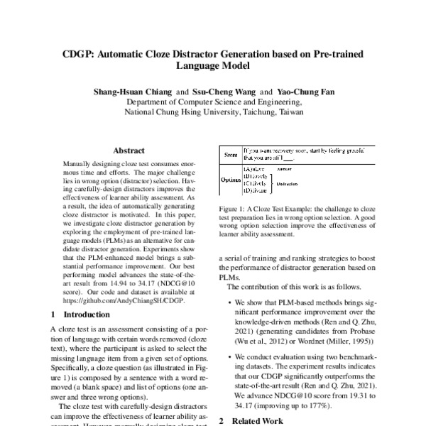 CDGP: Automatic Cloze Distractor Generation based on Pre-trained ...